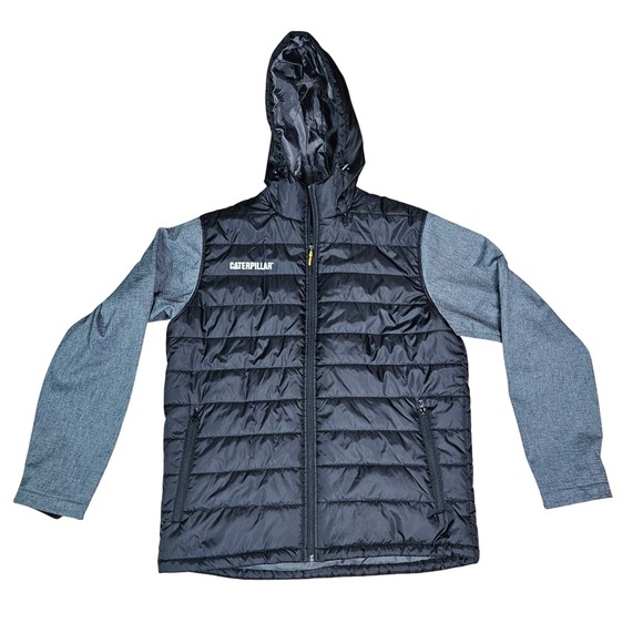 Caterpillar Puffer Jacket Hooded Black Gray Full Zip Workwear Men Size L - Picture 5 of 10